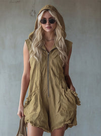 Elegant Boho Women's Cropped Jumpsuit - Retro Zip-Up Hoodie Style in Cotton-Linen Blend