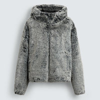 Men's Cozy Hooded Faux Fur Winter Jacket - Warm Tie-Dye Plush Coat in Gray-Green