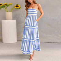 Graceful Striped Beach Dress with Chic Suspenders & Pockets – Summer Vacation Essential for Women
