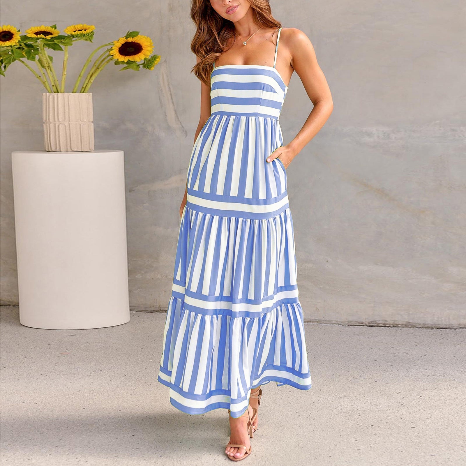 Summer Striped Printed Suspender Long Dress With Pockets Fashion Square Neck Backless Dresses For Beach Vacation Women Clothing What Else You Got?