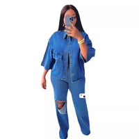 Stylish Two-Piece Denim Set with Personality Shirt - Trendy & Comfortable