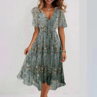 Women's Chiffon V-Neck Dress – Short Sleeve Printed Summer Dress