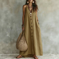 Women's Lightweight Cotton-Linen Maxi Dress – Effortless Summer Style with Button Front