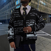 Mens Loose-fitting American-style All-over Letter-print Sweater Cardigan