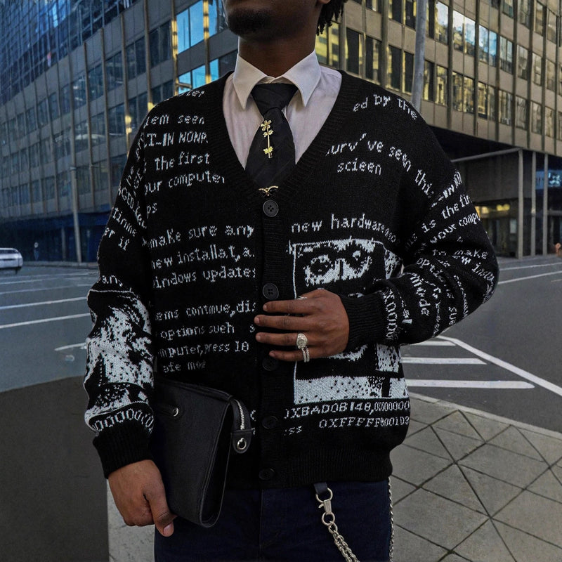 Mens Loose-fitting American-style All-over Letter-print Sweater Cardigan