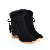 Elegant Faux Rabbit Fur Lace-Up Chunky Heel Boots - Fashionable & Warm