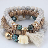 Boho Baby Elephant Wood Bead Stackable Tassel Bracelet – Lucky Charm Jewelry for Women