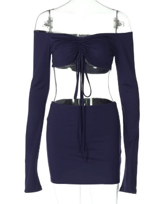 Drawstring Drop Ruched Off Shoulder Two-piece Skirt Set Y2K Long Sleeve Top & Bodycon Skirt Outfits Women's Clothing What Else You Got?