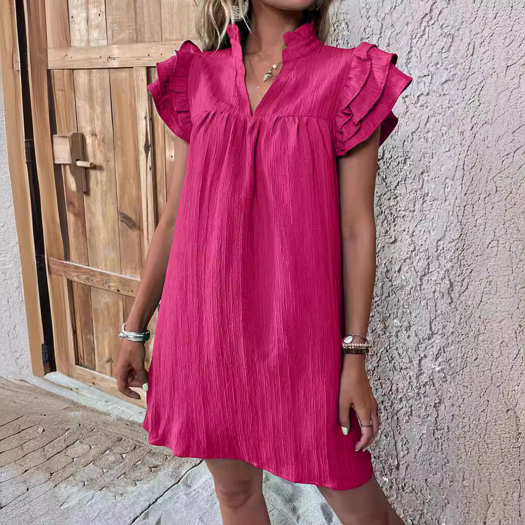 Casual Women's Multi-layer Ruffle Sleeve V-neck Dress Summer Fashion Versatile Multi-layer Lotus Leaf Sleeve V-Neck Pullover Dresses What Else You Got?