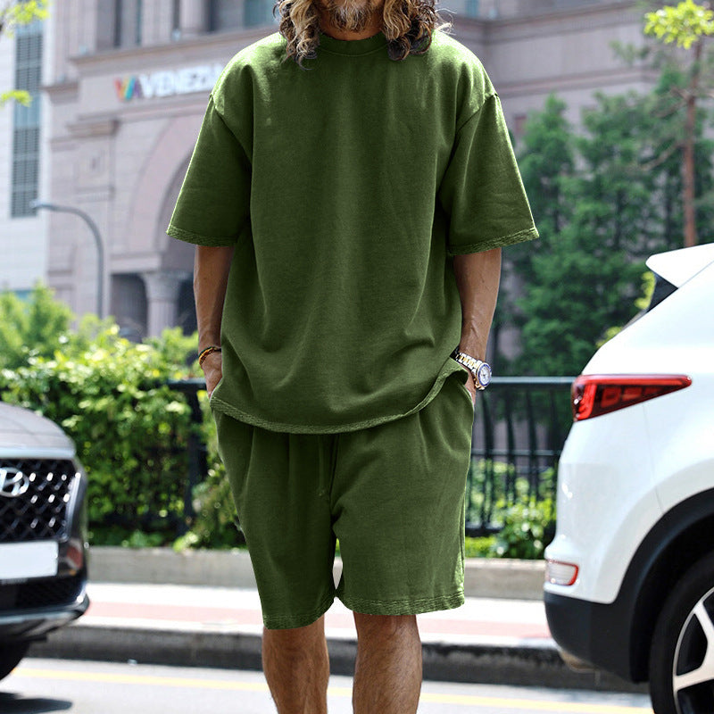 2pcs Loose Sports Suits Summer Round Neck Short-sleeved T-shirt And Drawstring Pockets Shorts Casual Solid Color Set Mens Clothing What Else You Got?