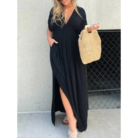Elegant Bat-Sleeve Maxi Dress – V-Neck Slit with Elastic Waist for Summer | Summer Elegance