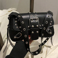 Retro Faux Leather Underarm Bag – Studded Shoulder Bag with Buckles for Women