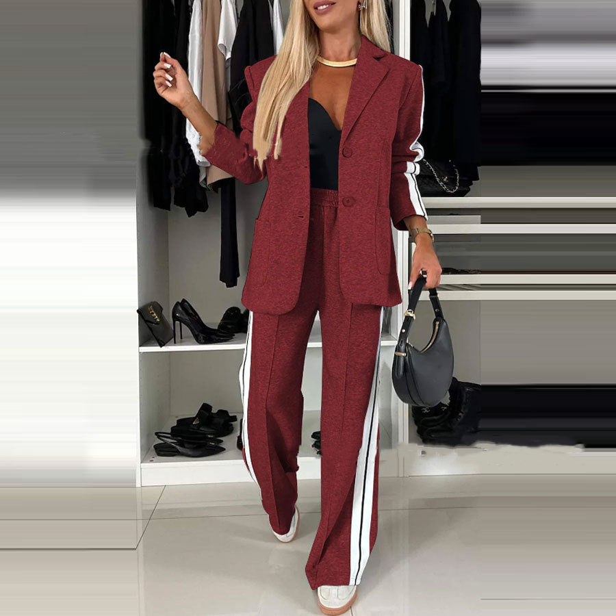 Women's Casual Suit Lapel Single-breasted Jacket And Striped Straight Pants Fashion Sports Trousers Suit Outerwears Clothing What Else You Got?