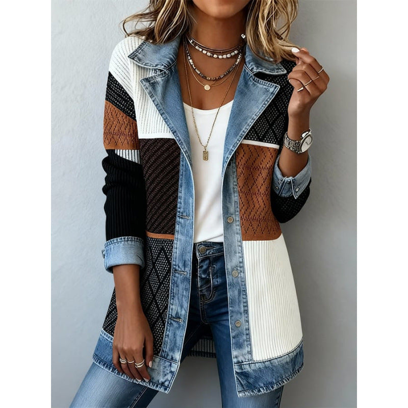 Denim Patchwork Jacket Fashion Commuter Lapel Button-down Long-sleeved Top For Women's Clothing What Else You Got?