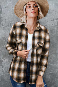 Women's Spring Flannel Shirt | Loose Fit Plaid Blouse with Turndown Collar | Mid-Length Overshirt - Multiple Colors