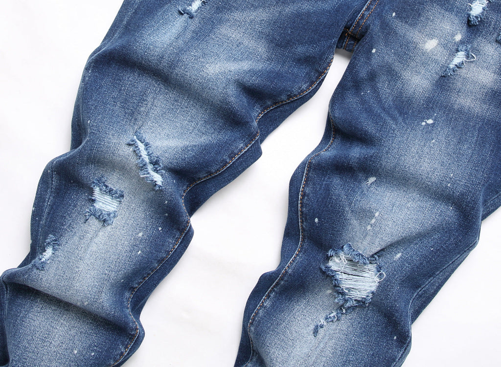 Men’s Ripped Trend Jeans – Blue Denim with Fashion Ornament Detailing (Mid‑Waist, Slim Casual Fit) What Else You Got?