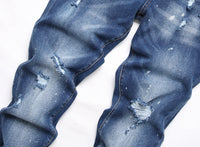 Men’s Stylish Ripped Jeans – Blue Denim with Trendy Ornament Detailing (Mid-Waist, Slim Fit)