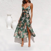 Graceful Flower Print Split Suspender Dress - Elegant Sleeveless Summer Beach Wear with Hollow Bowknot Design