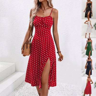 Women's Polka Dot Suspender Dress – Long Slit Summer Dress