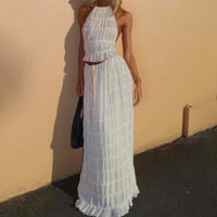 Elegant 2-Piece Halter Top & Pleated Long Skirt Beach Set - Summer Fashion for Women