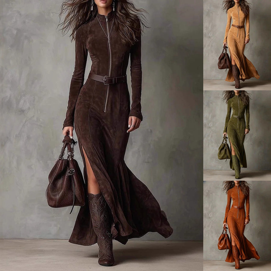 Divine Elegance: High-Waist Fishtail Maxi Dress – Long Sleeve Split Gown for Church & Everyday Grace