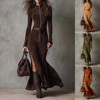 Divine Elegance: High-Waist Fishtail Maxi Dress – Long Sleeve Split Gown for Church & Everyday Grace