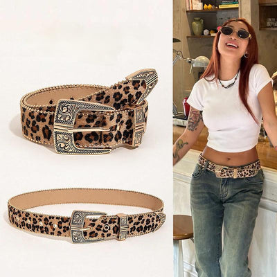 Leopard Print Women's Waist Belt – Boho Western Statement Belt with Alloy Buckle