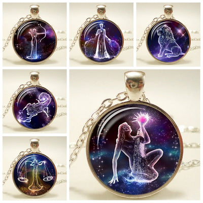 Zodiac Time Gemstone Glass Pendant Necklace - Celestial Christian Gift