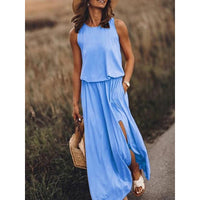 Elegant Women's Summer Dresses - Side Slit A-Line Sundress with Pockets (Solid Casual O-Neck Sleeveless)
