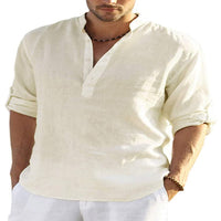 Men's Breathable Linen-Cotton Long Sleeve Shirt - Stand Collar Casual Wear for Spring & Summer
