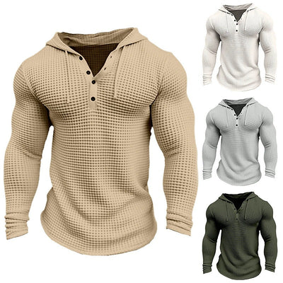 Men’s Waffle-Knit Hooded Pullover – Long-Sleeve Polyester Streetwear S–3XL