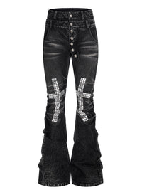 Mens Cross-Design Rhinestone-Embellished Double-Waist Button Denim Jeans