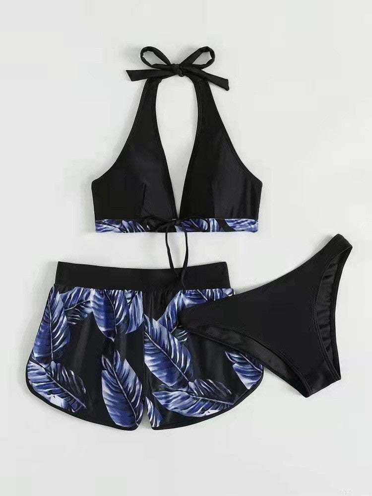 3pcs Leaf Print Bikini With Shorts Fashion Summer Beach Swimsuit Womens Clothing What Else You Got?