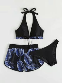 Tropical Leaf Print 3-Piece Bikini Set with Stylish Shorts Cover-Up