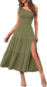 Elegant One-Shoulder Pleated Dress with Flirty Split Hem – Summer Chic