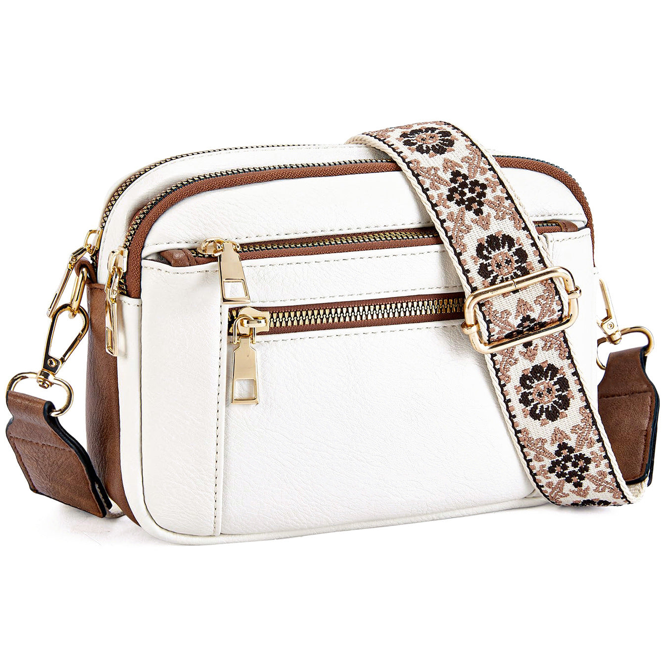 Triple-zipper Shoulder Bag With Floral Embroidered Straps Fashion Colorblock Multi-functional Crossbody Bags For Women What Else You Got?