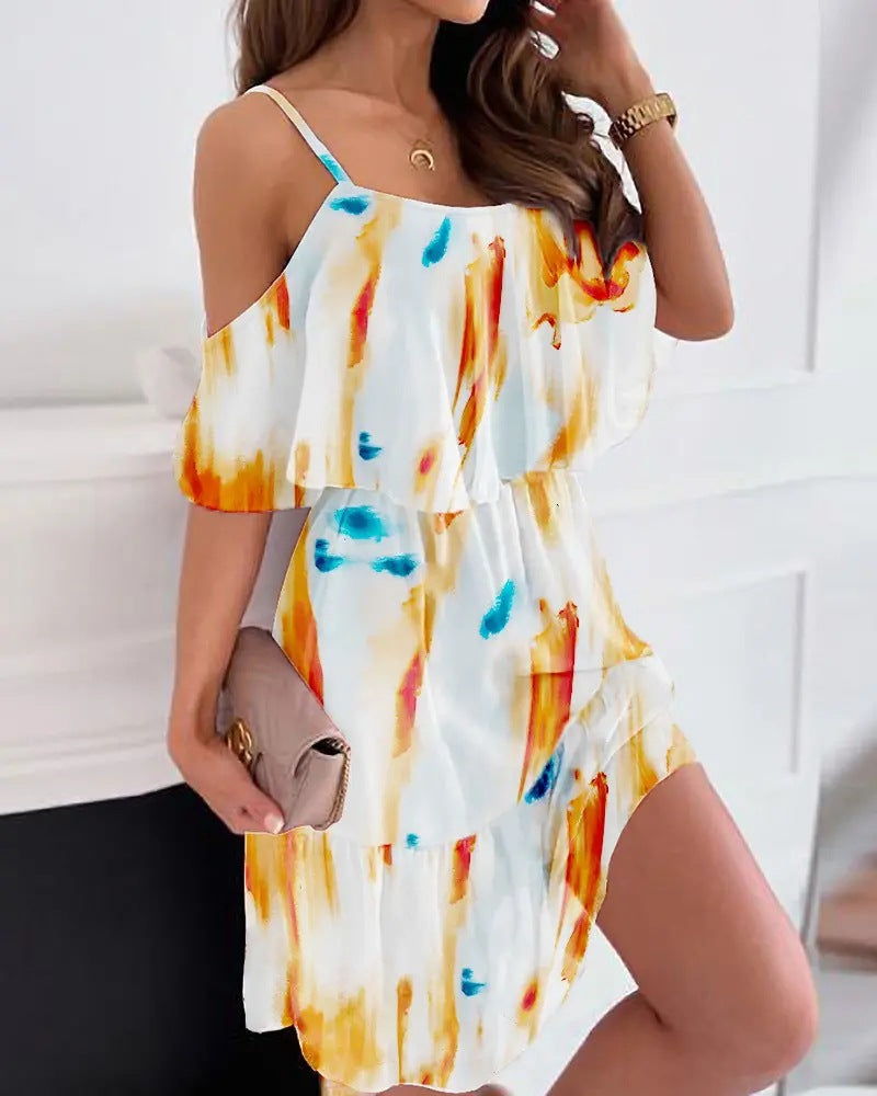 Flower Printed Ruffled Suspender Dress Summer Off-the-shoulder Strap Dresses Women What Else You Got?