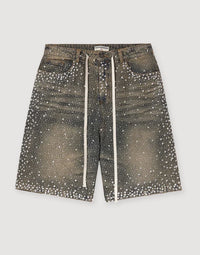 Straight-leg Rhinestone-studded Denim Shorts