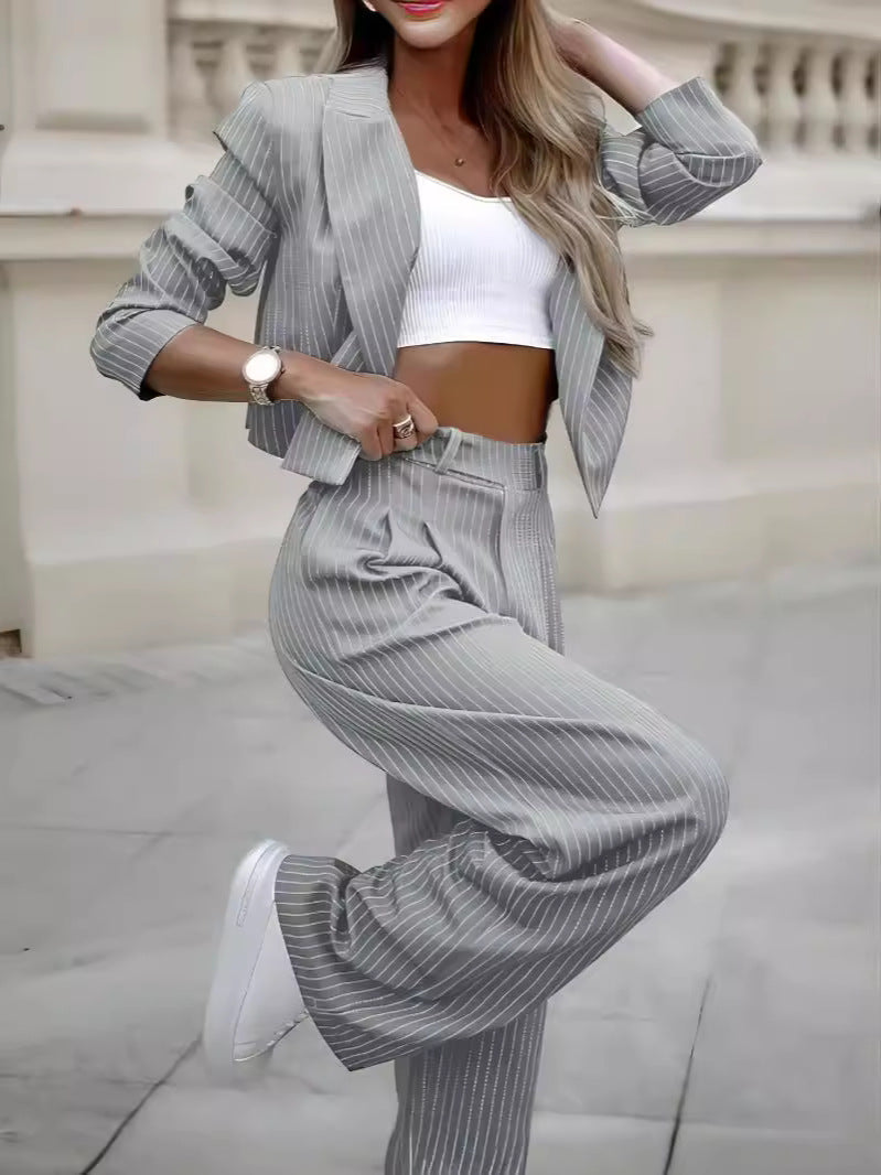 Women's Spring Fashion Striped Suits Casual Lapel Long Sleeve Cropped Top And Straight Pants Outfits Women's Clothing What Else You Got?