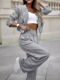 Chic Striped Christian Suit Set - Modest Lapel Top & Straight Pants for Spring & Summer - Elegant Faith-Inspired Fashion
