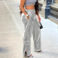 Solid Color Rhinestone Pocket Casual Loose Wide Leg Pants PU Leather Pants