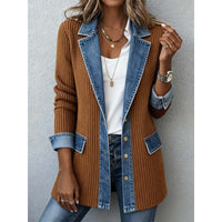 Chic Denim Patchwork Jacket - Trendy Commuter Lapel Button-Down Long-Sleeve Top for Women