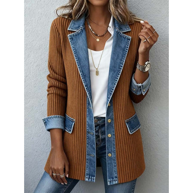 Denim Patchwork Jacket Fashion Commuter Lapel Button-down Long-sleeved Top For Women's Clothing What Else You Got?