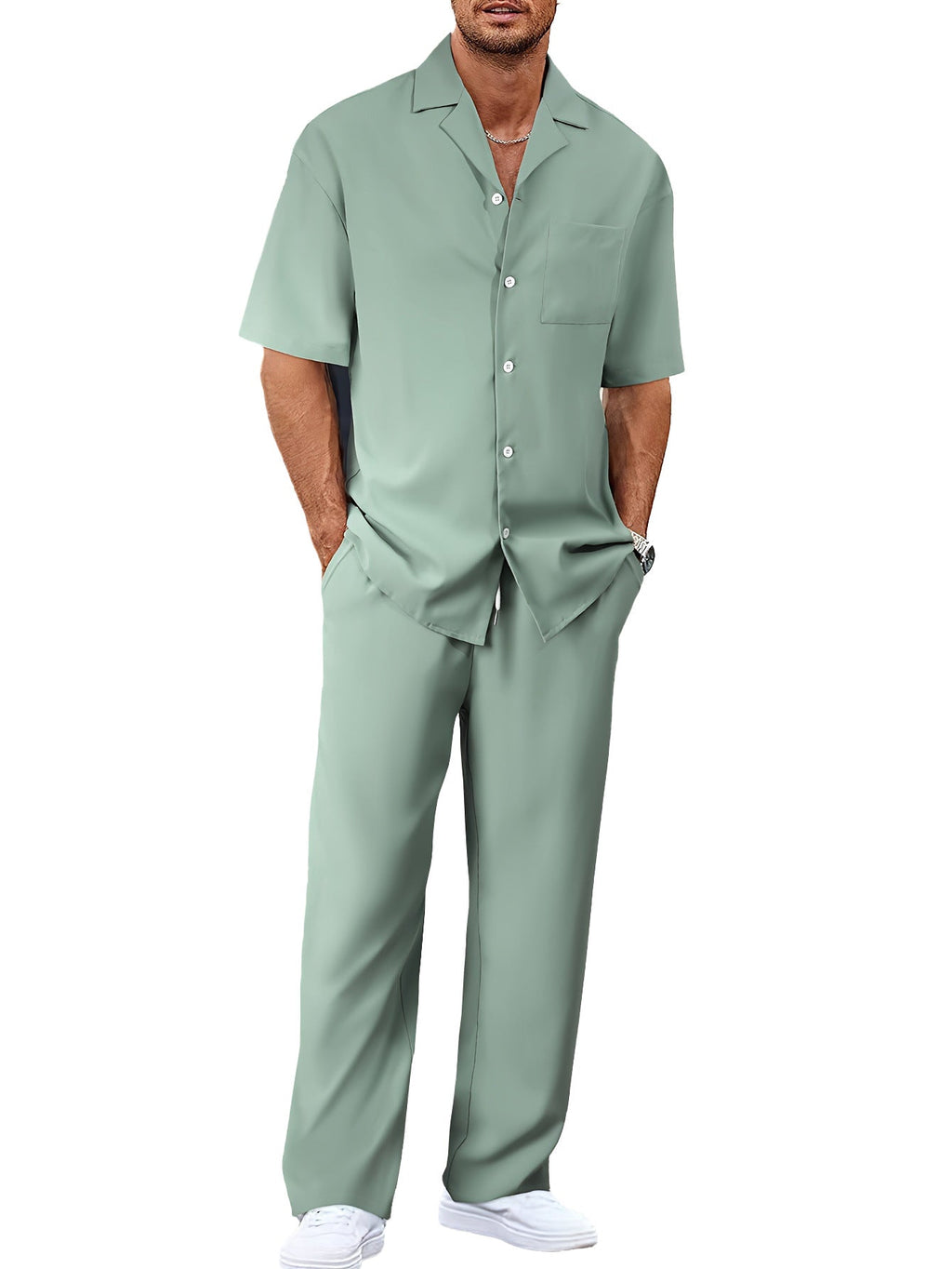 Men's Trousers Suit Fashion Lapel Button Short Sleeve Shirt And Pocket Straight Pants Clothing What Else You Got?
