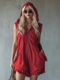 Elegant Boho Women's Cropped Jumpsuit - Retro Zip-Up Hoodie Style in Cotton-Linen Blend