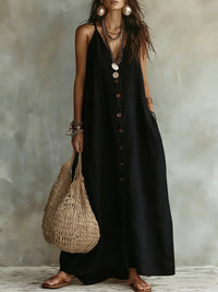 Women's Lightweight Cotton-Linen Maxi Dress – Effortless Summer Style with Button Front