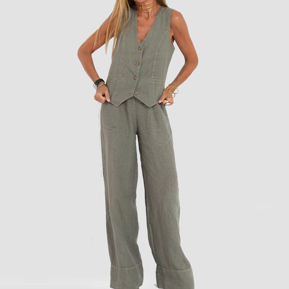 Summer Vest Suits V-neck Botton Sleeveless Top And Loose Straight Trousers Casual Womens Clothing What Else You Got?