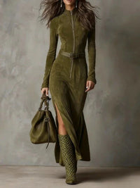 Divine Elegance: High-Waist Fishtail Maxi Dress – Long Sleeve Split Gown for Church & Everyday Grace