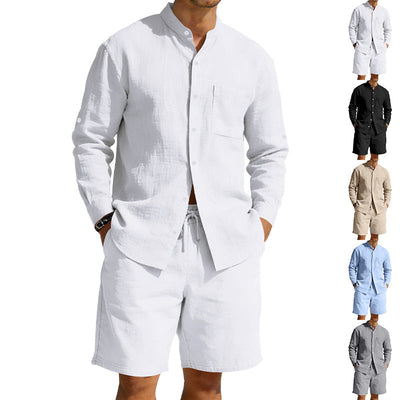 Men's Linen Summer Shirt & Shorts Set - Breathable Vintage Stand Collar Beach Suit - Lightweight & Comfortable