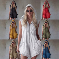 Elegant Boho Women's Cropped Jumpsuit - Retro Zip-Up Hoodie Style in Cotton-Linen Blend